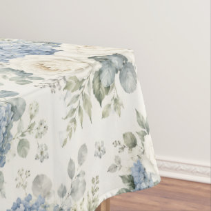 Dusty Blue Hydrangea Cream White Rose Floral Tablecloth