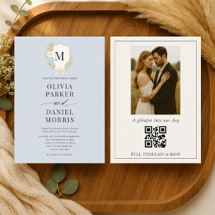 Dusty Blue Hydrangea Crest Monogram Photo Wedding Invitation