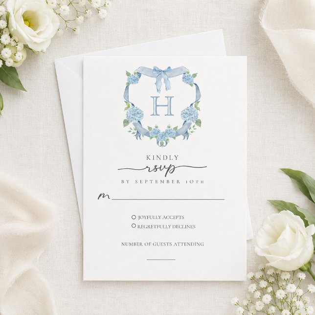 Dusty Blue Hydrangea Crest Monogram Wedding RSVP Card (Dusty Blue Hydrangea Crest Monogram Wedding RSVP Card)