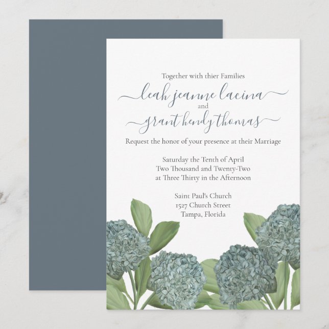 Dusty Blue Hydrangea Elegant Summer Floral Wedding Invitation (Front/Back)