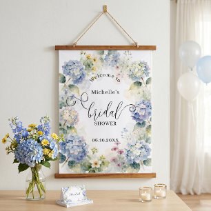 Dusty Blue Hydrangea Floral Bridal Shower Welcome Hanging Tapestry