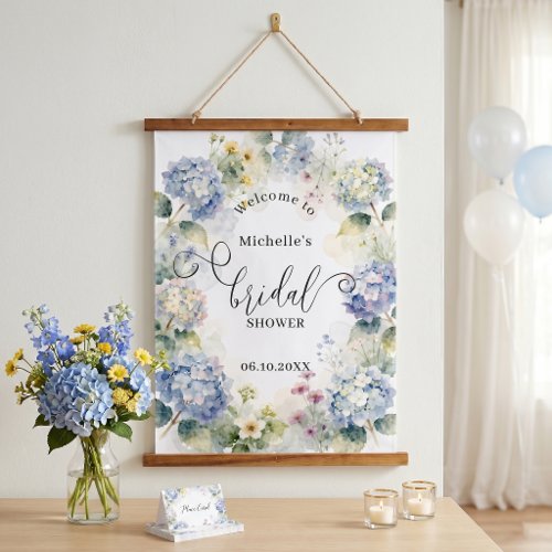 Dusty Blue Hydrangea Floral Bridal Shower Welcome Hanging Tapestry