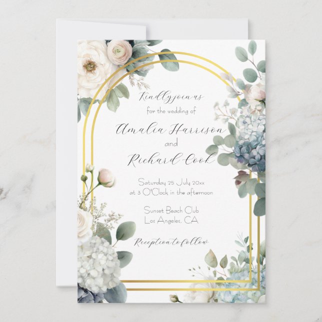 Dusty Blue Hydrangea Floral Customizable Wedding  Invitation (Front)