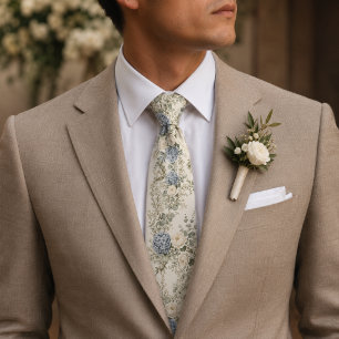 Dusty Blue Hydrangea Floral Ivory Botanical Garden Neck Tie