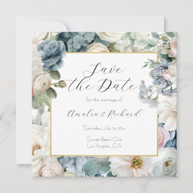Dusty Blue Hydrangea Floral Save the Date Card (Front)