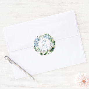 Dusty Blue Hydrangea Floral Wedding  Classic Round Sticker