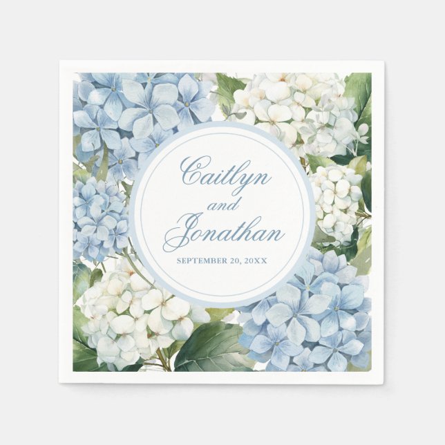 Dusty Blue Hydrangea Floral Wedding Crest Napkins (Front)