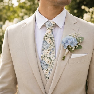 Dusty Blue Hydrangea Floral Wedding Neck Tie