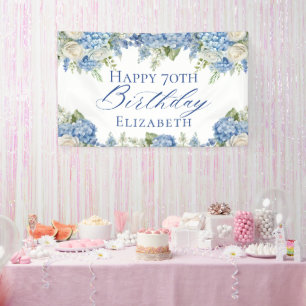 Dusty Blue Hydrangea Flowers Roses Happy Birthday Banner