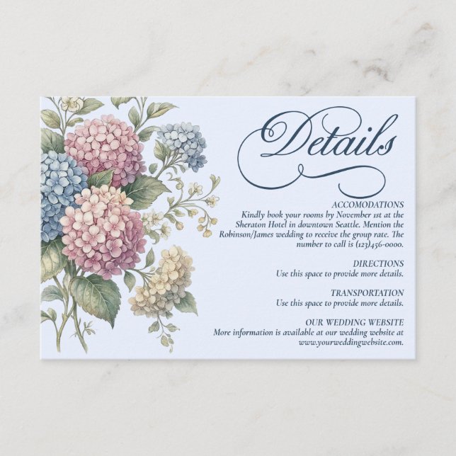 Dusty Blue Hydrangea Flowers Wedding  Enclosure Card (Front)