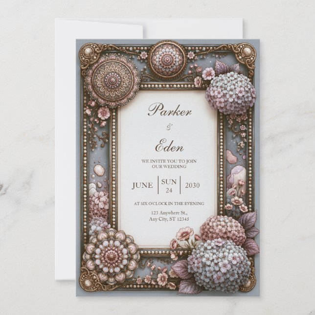 Dusty Blue Hydrangea Pearl Wedding Invitation (Front)