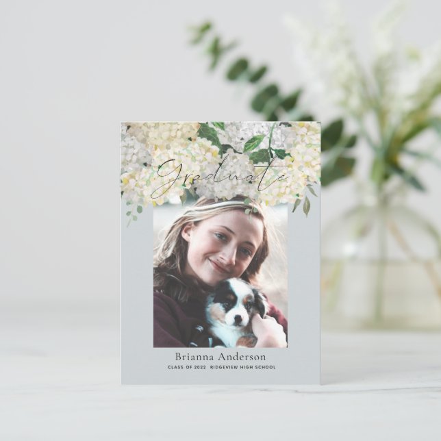 Dusty Blue Hydrangea Photo Graduation Announcement Postcard (Standing Front)