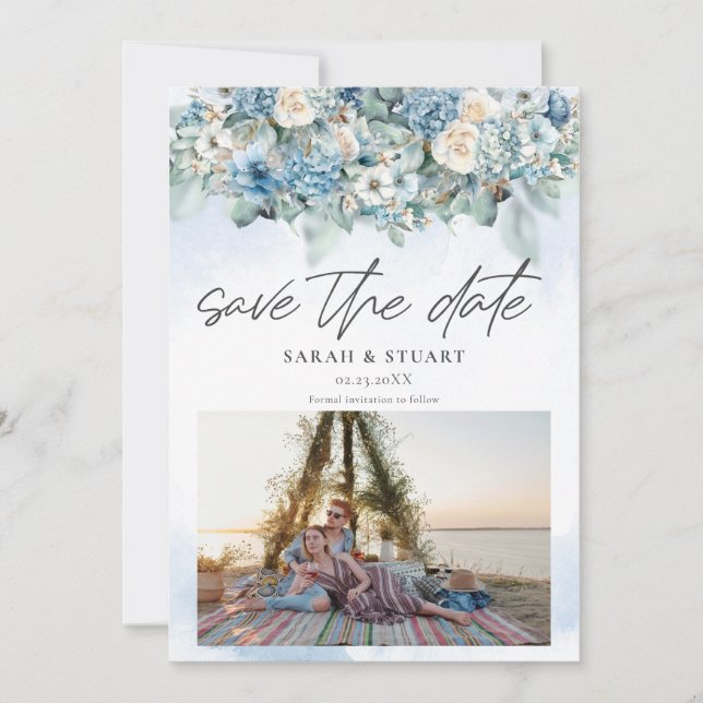 Dusty Blue Hydrangea Photo QR Code Save The Date Invitation (Front)