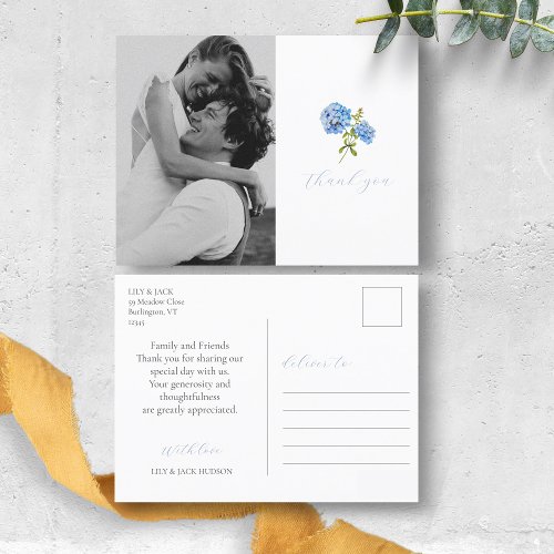 Dusty Blue Hydrangea Photo Wedding Thank You Postcard