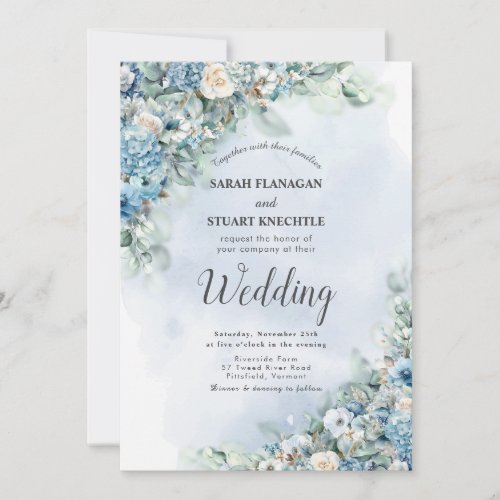 Dusty Blue Hydrangea Roses Photo QR Code Wedding  Invitation