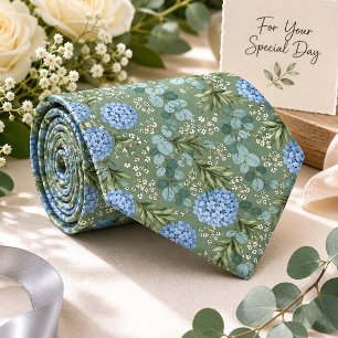 Dusty Blue Hydrangea & Sage Green Eucalyptus Neck Tie