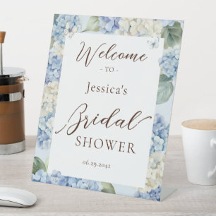 Dusty Blue Hydrangea Watercolor Bridal Shower Pedestal Sign