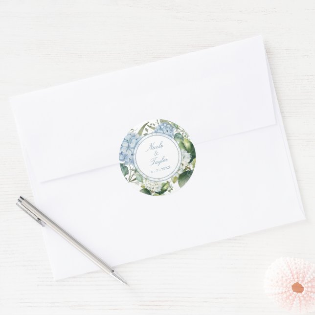 Dusty Blue Hydrangea Wedding  Classic Round Sticker (Envelope)