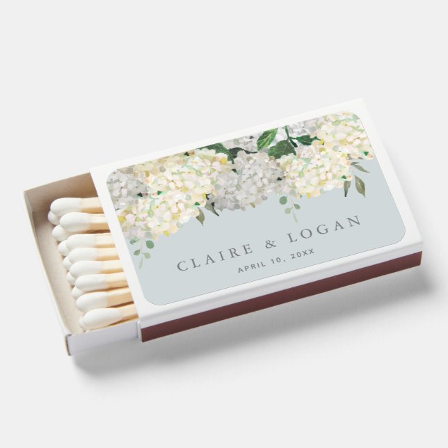 Dusty Blue Hydrangea Wedding Matchboxes (Front Open)