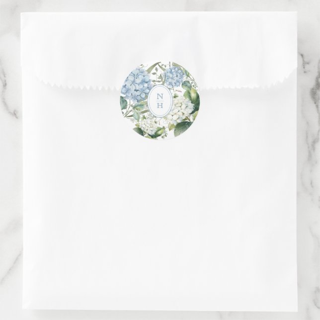 Dusty Blue Hydrangea Wedding Monogram Classic Round Sticker (Bag)
