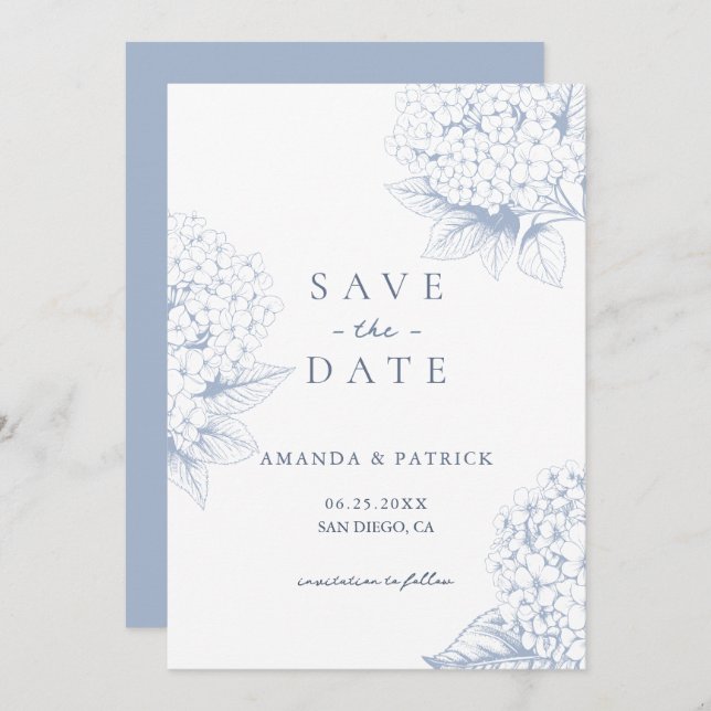 Dusty Blue Hydrangea Wedding Save the Date Card (Front/Back)