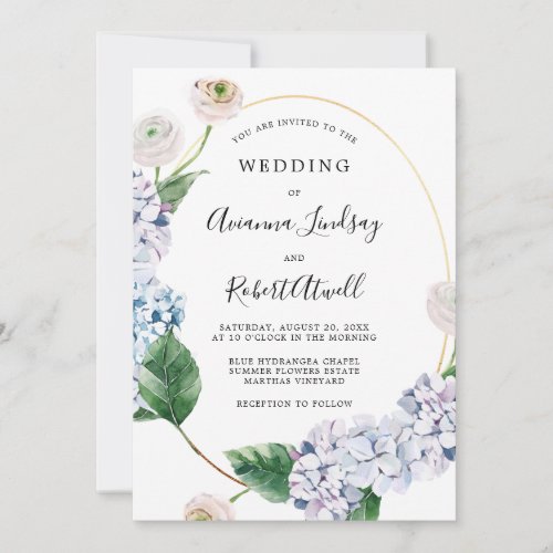 Dusty Blue Hydrangea White Rose Wedding Invitation