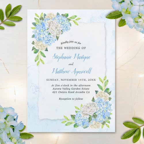 Dusty Blue Hydrangea White Rose Wedding Invitation