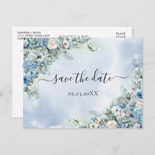 Dusty Blue Hydrangea White Roses Save the Date Postcard