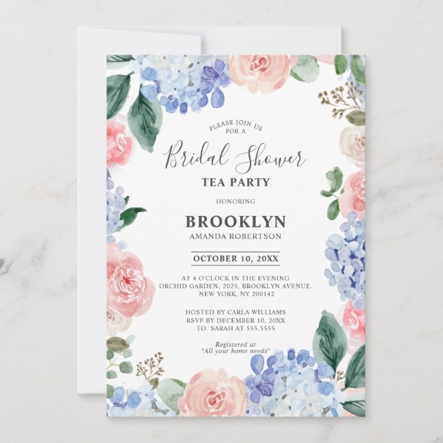 Dusty blue hydrangeas Bridal Shower Tea Party Invitation (Front)