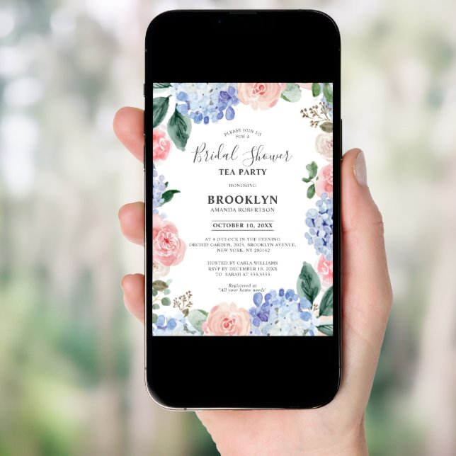 Dusty blue hydrangeas Bridal Shower Tea Party Invitation (Front Digital)