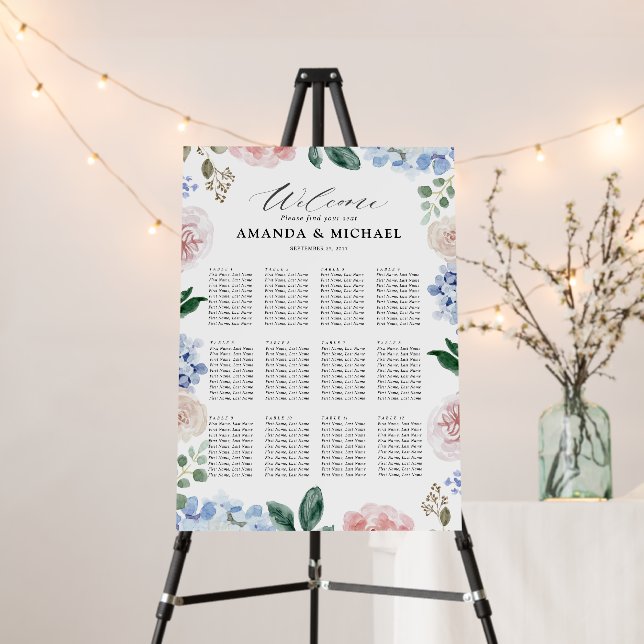 Dusty blue hydrangeas floral wedding seating chart foam board (In Situ (Stand))