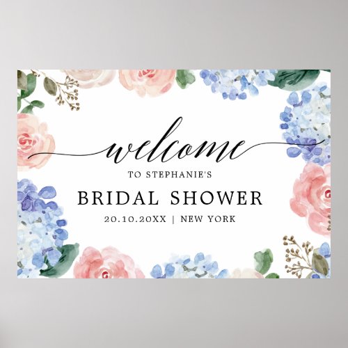 Dusty blue hydrangeas pastel pink Bridal shower Poster