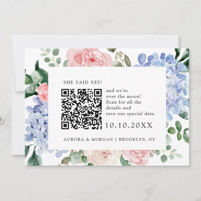 Dusty blue hydrangeas pastel pink Photo QR code    Save The Date (Front)