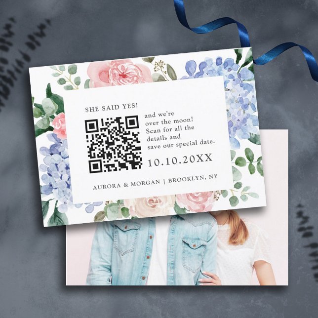 Dusty blue hydrangeas pastel pink Photo QR code    Save The Date (Dusty blue powder pink hydrangea photo QR code save the date card)