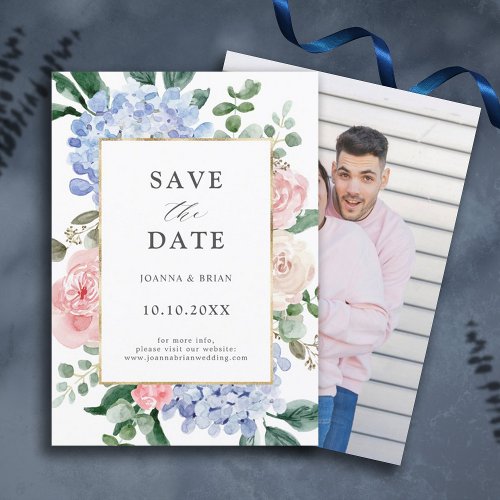 Dusty blue hydrangeas pastel pink roses Photo Save The Date