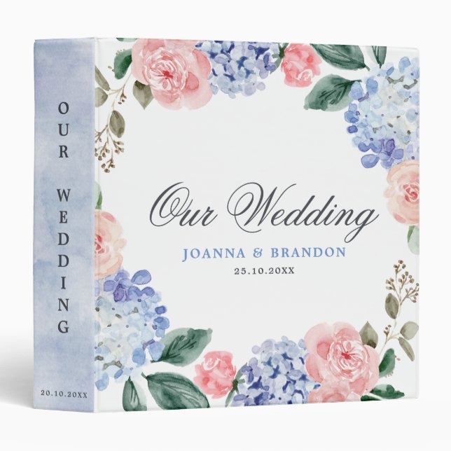 Dusty blue hydrangeas pastel pink roses wedding 3 ring binder (Front/Spine)