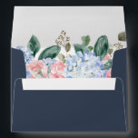 Dusty blue hydrangeas pastel pink roses wedding en envelope<br><div class="desc">Modern wedding envelope featuring light blue/ dusty blue watercolor hydrangeas with pastel pink , blush, peach , white roses, peonies, sage eucalyptus leaves, branches and foliage. Muted soft and dreamy romantic shades spring summer watercolor floral designs to match with your themed wedding. Please find more matching designs and variations from...</div>
