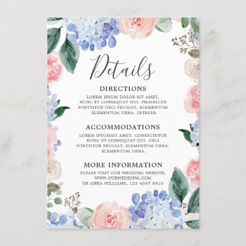 Dusty blue hydrangeas pastel pink roses wedding enclosure card