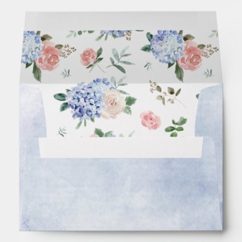 Dusty blue hydrangeas pastel pink roses wedding envelope