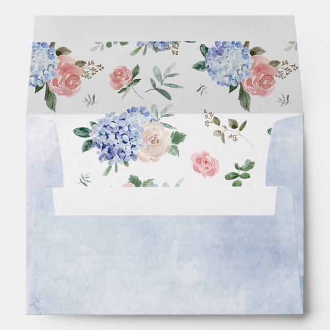 Dusty blue hydrangeas pastel pink roses wedding envelope (Back (Bottom))