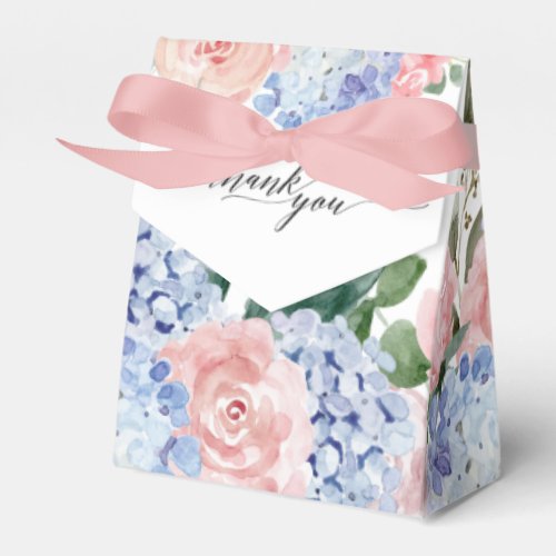 Dusty blue hydrangeas pastel pink roses wedding favor boxes
