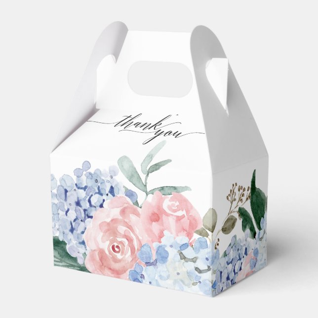 Dusty blue hydrangeas pastel pink roses wedding favor boxes (Front Side)