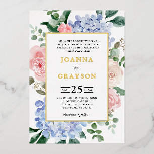 Dusty blue hydrangeas pastel pink roses wedding fo foil invitation