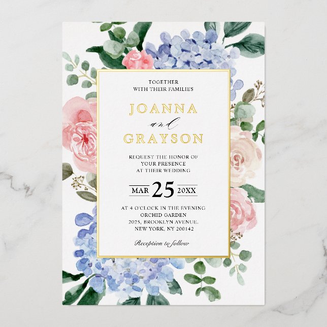 Dusty blue hydrangeas pastel pink roses wedding foil invitation (Front)