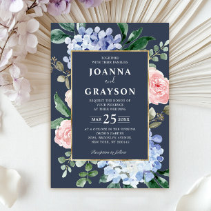 Dusty blue hydrangeas pastel pink roses wedding in invitation