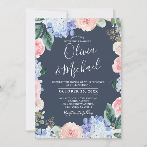 Dusty blue hydrangeas pastel pink roses wedding in invitation