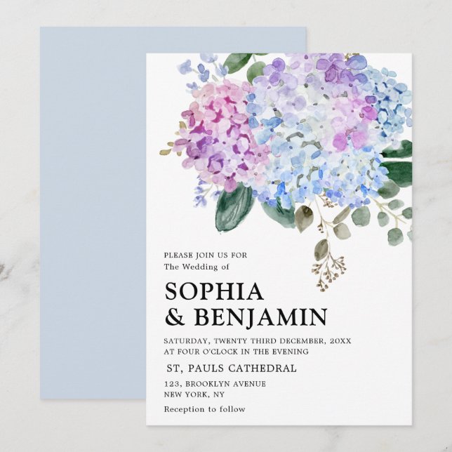 Dusty blue hydrangeas pastel pink roses wedding invitation (Front/Back)