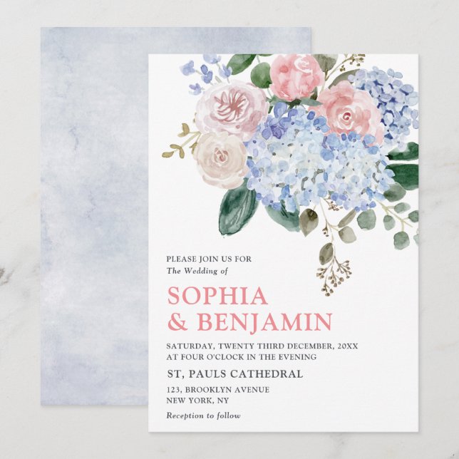 Dusty blue hydrangeas pastel pink roses wedding invitation (Front/Back)