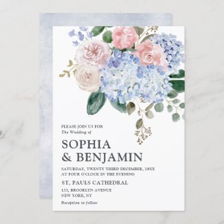Dusty blue hydrangeas pastel pink roses wedding invitation