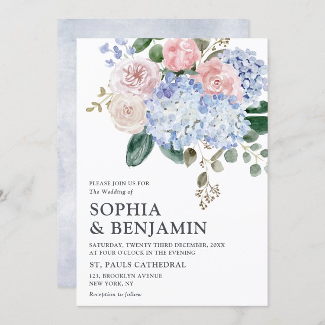 Dusty blue hydrangeas pastel pink roses wedding invitation (Front/Back)